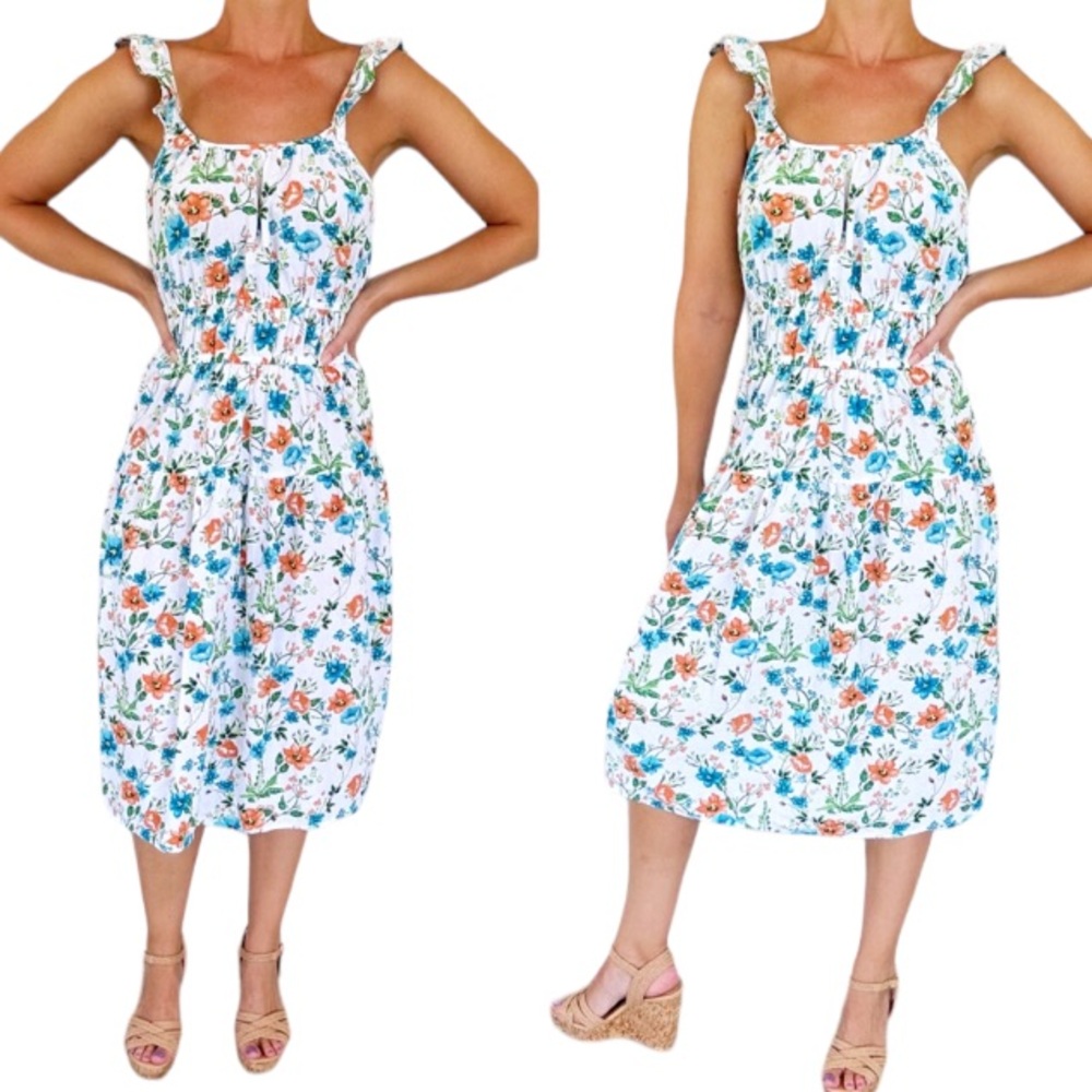 Peyton & Parker white blue peach floral ruffle sleeve midi dress size medium